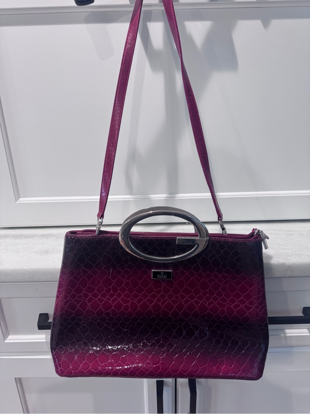 Glossy Magenta Shoulder Bag with Oval Silver Accent